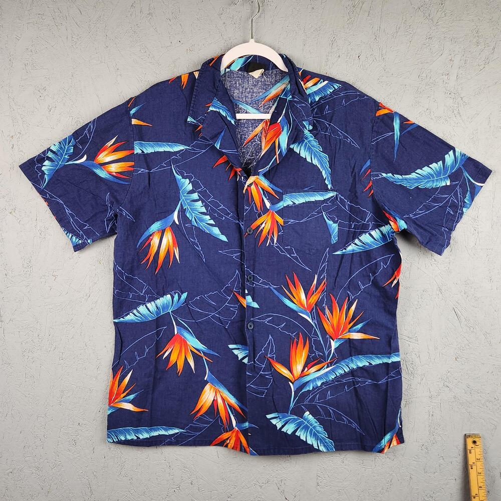 Vintage Jantzen Shirt Mens Large Blue Hawaiian Button Up Floral Bird of Paradise
